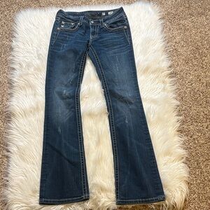 Miss Me Dark Blue Boot Cut Jeans W/ Back Button Pockets,  27